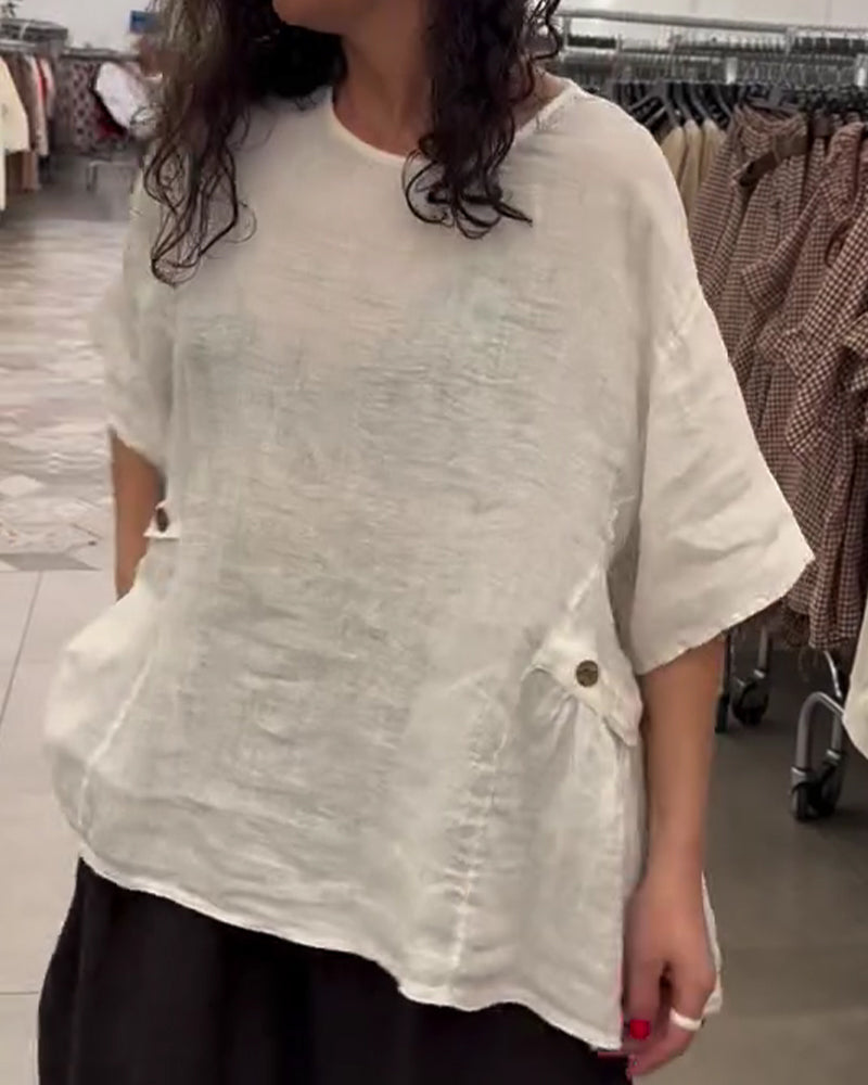 Bluse Rundhalsausschnitt Seitenknopf Loose Fit