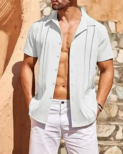 Hemden Herren Kubanisches Guayabera-Hemd Kurzarm Knopfleiste