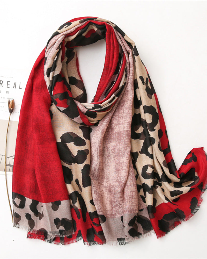Damen Schal Leopard Patchwork Print Fransen Schal
