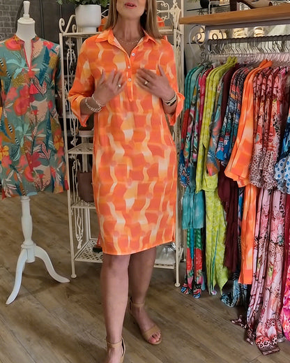 Kleid Dreiviertelärmel Kragen geometrischer Druck