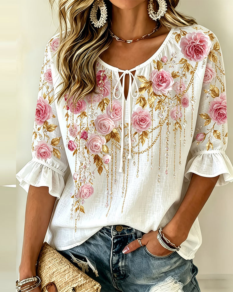 Bluse Rosenprint Lässig Bindung