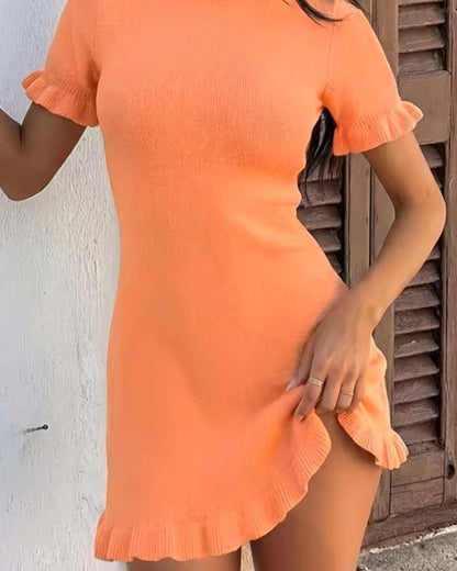 Kleid Rundhals Kurzarm Rüsche A Saum