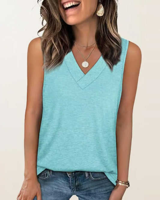 Tanktop T-Shirt Damen Ärmellos V-Ausschnitt Schlankmachend Locker Passform Lässig