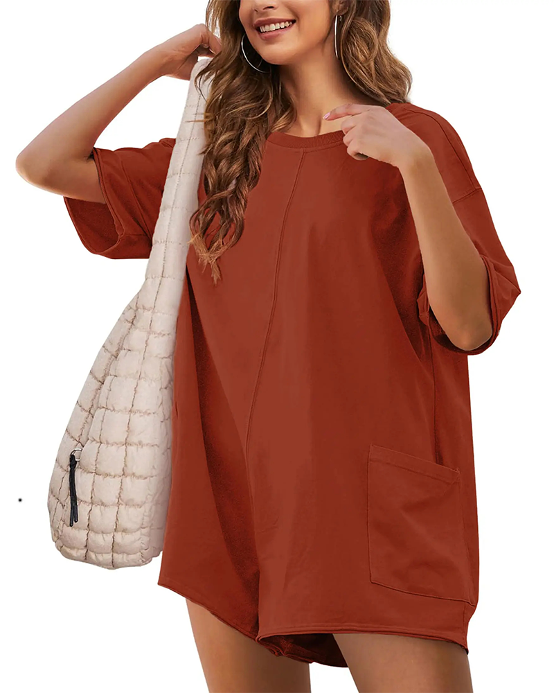 Jumpsuit Rundhalsausschnitt Mit Großer Tasche Shorts