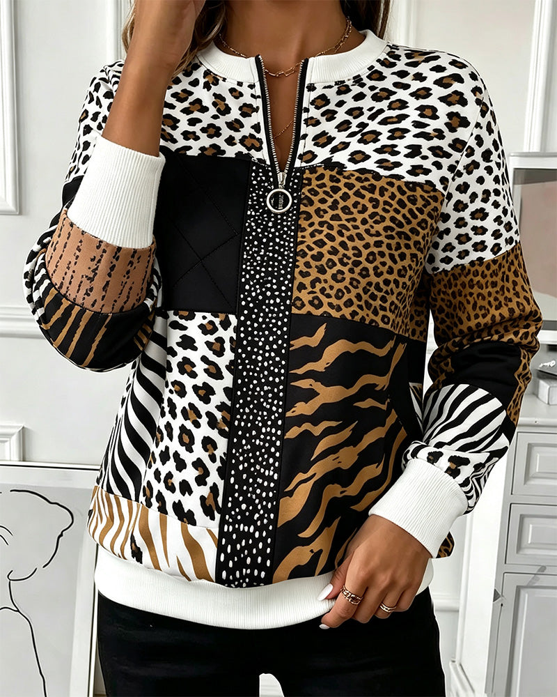 Sweatshirt Reißverschluss Leopard Tupfenmuster