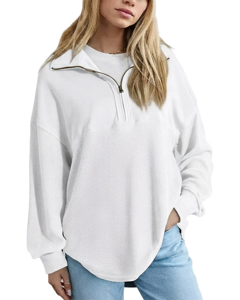 Sweatshirt Halber Reißverschluss Waffel Patchwork