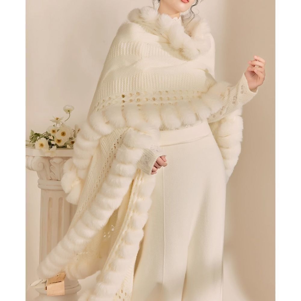 White Knit Cape with Faux Fur Trim for Women - Monica