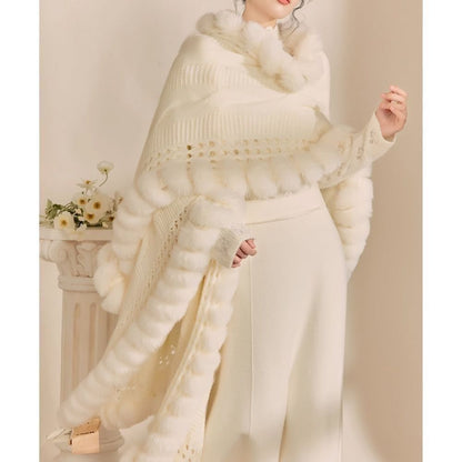 White Knit Cape with Faux Fur Trim for Women - Monica