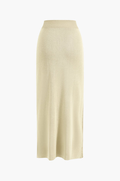 Einfarbiges Vintage Crop Top mit Knopfleiste und Maxirock Set