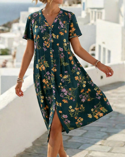 Kleid Blumen Kurzarm V-Ausschnitt