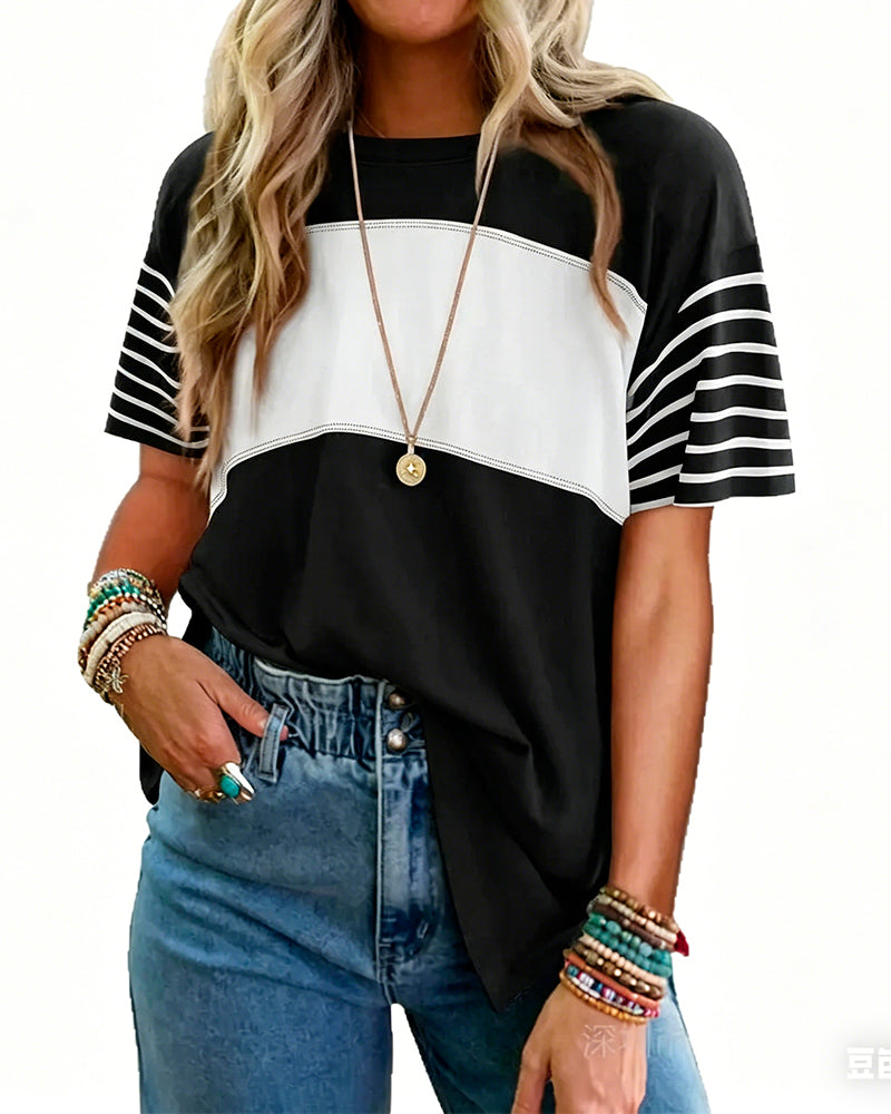T-Shirt Pullover Gestreift Farbblock Kurzarm