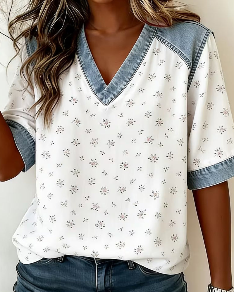Blusen Blumen-Patchwork Denim V-Ausschnitt