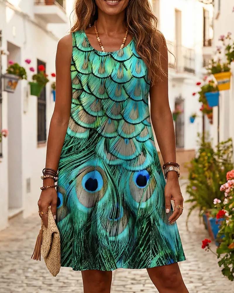 Kleid Ärmellos Pfauenprint Mode