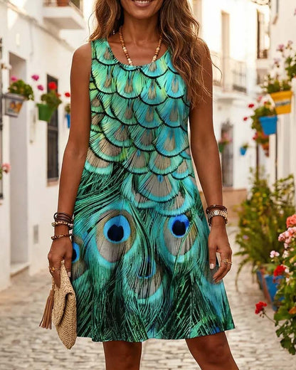 Kleid Ärmellos Pfauenprint Mode