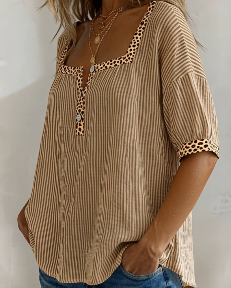 Bluse Quadratischer Ausschnitt Kurzarm Leopardenmuster