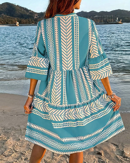 Kleid Stehkragen Geometrischer Druck