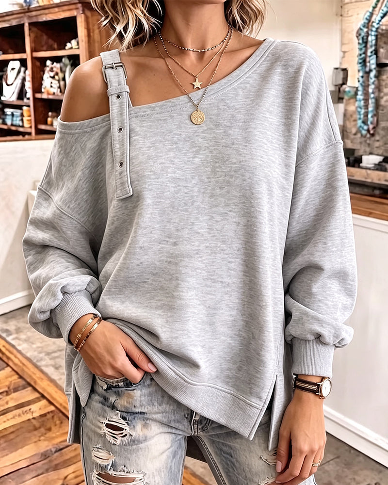 Sweatshirt Freie Schulter Träger Schlitz Locker Passform