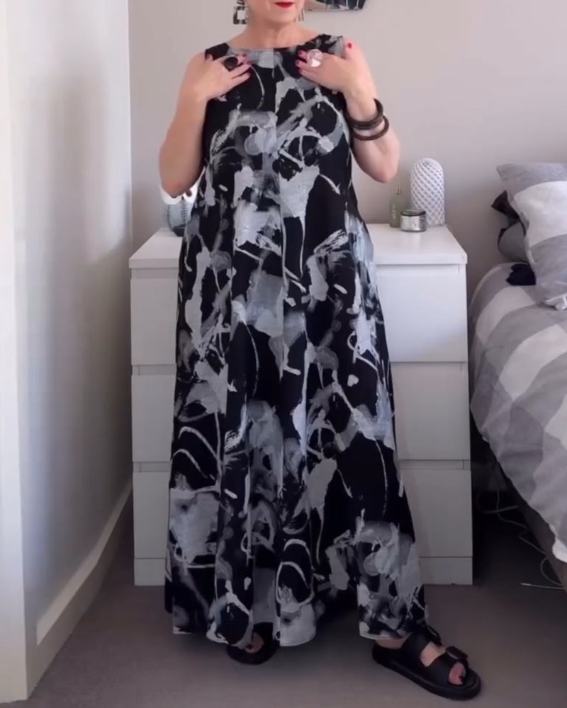 Kleid V-Ausschnitt Retro-Druck ärmellos