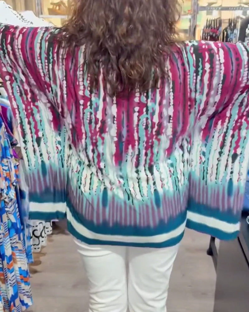 Top Tie-Dye V-Ausschnitt Reißverschluss vorne Fledermausärmel