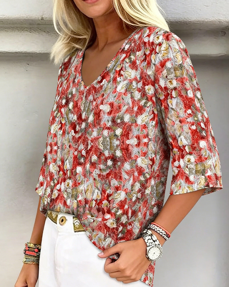 Bluse Blumendruck V-Ausschnitt Dreiviertelarm
