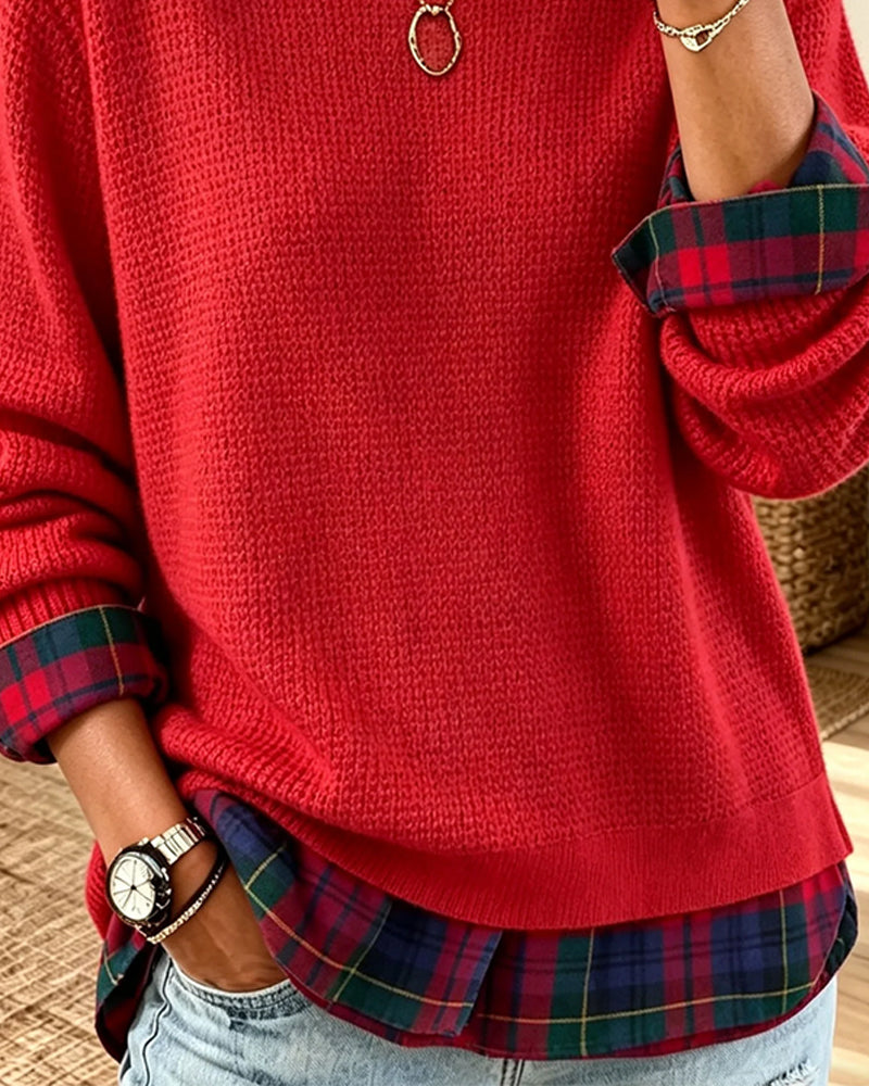 Pulli Rundhals Karo Patchwork Fake Zweiteilig