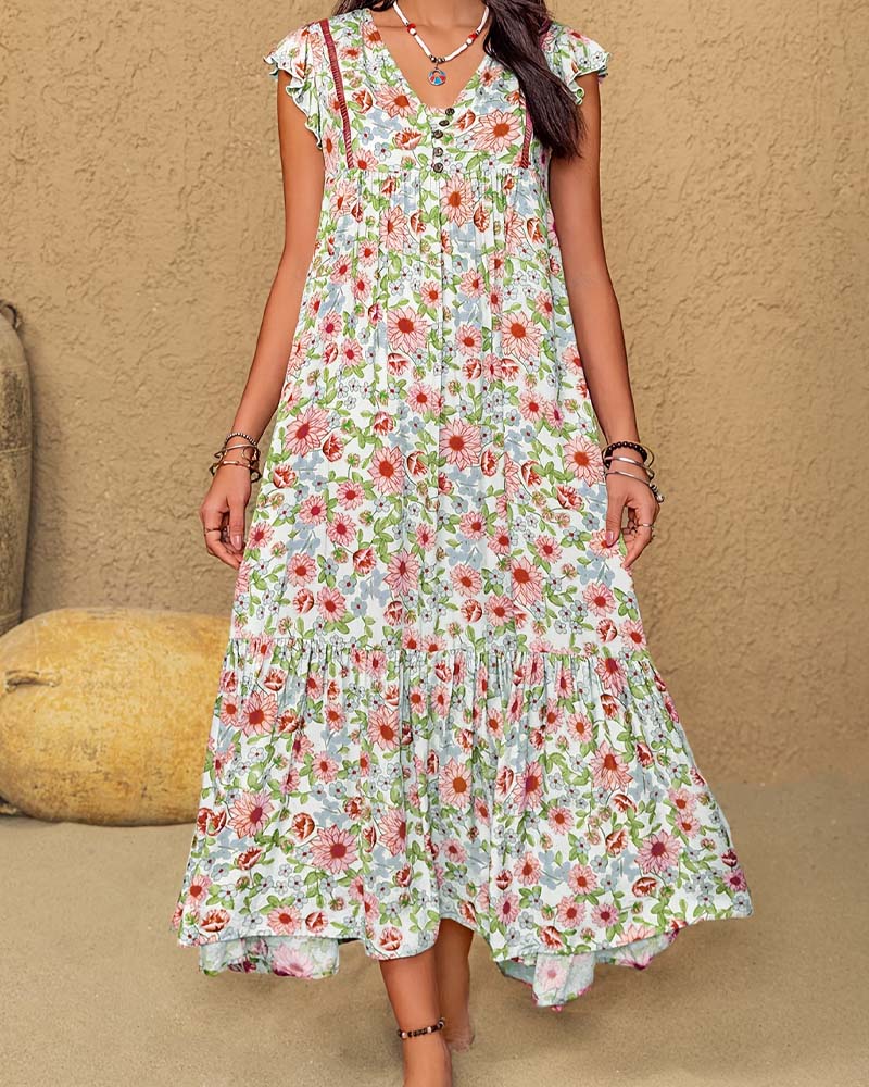 Kleid Blumenmuster V-Ausschnitt Rüschenärmel