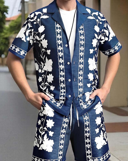Herren Set Blaues Porzellan Knopfleiste Kurzarm
