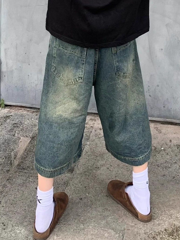 Blaue Amerikanische Vintage Washed Aged Denim Short