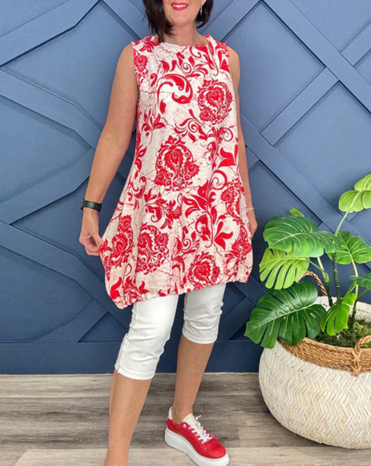 Lässige bedruckte ärmellose bluse mit rundhalsausschnitt