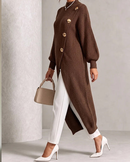 Sweater Dress Diagonaler Knopf Schlitz Laternenärmel