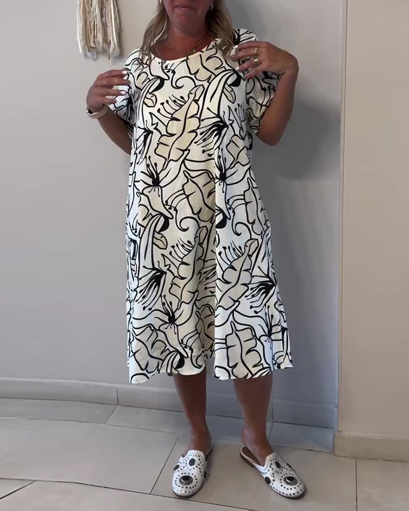 Kleid abstrakter Druck Rundhalsausschnitt kurzärmlig