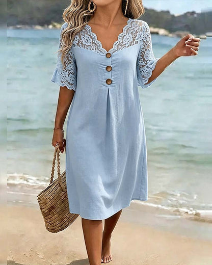 Kleid V-Ausschnitt Spitze Panel Kurzärmelig