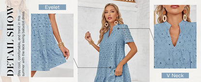 Kleid Durchbrochen V-Ausschnitt Kurzarm