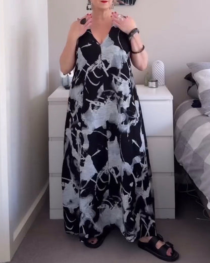 Kleid V-Ausschnitt Retro-Druck ärmellos