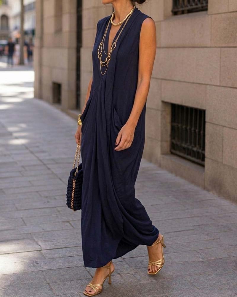 Kleid Ärmellos V-Ausschnitt Tasche