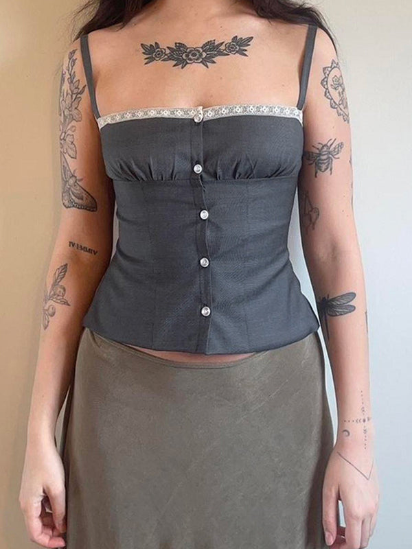Graues Y2k Spitze Spitzenreihe Mit Knöpfen Cami Top