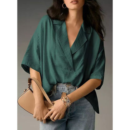 Teal V-Neck Blouse with Loose Fit for Women - Azzurra