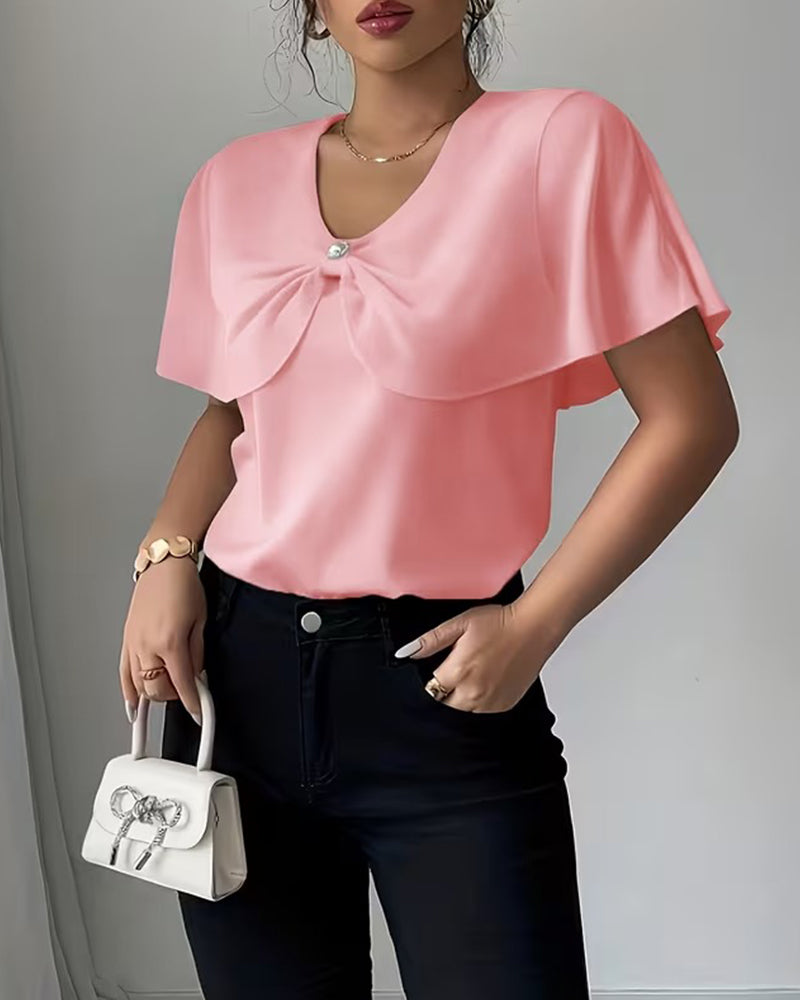 Bluse Unifarben Schleife V-Ausschnitt