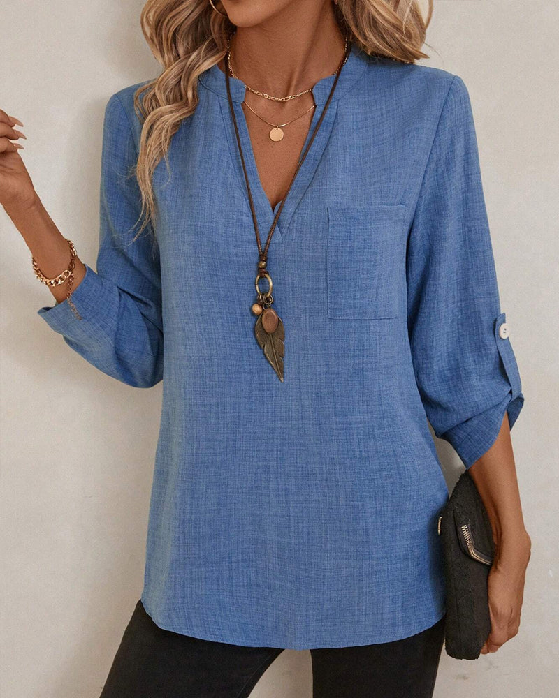 Bluse V-Ausschnitt Einfarbig Langarm Tasche