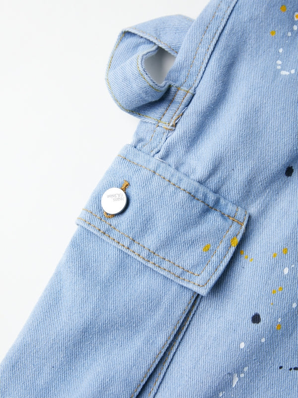 Blauer Vintage Overall mit Großen Taschen und Splash Ink Print