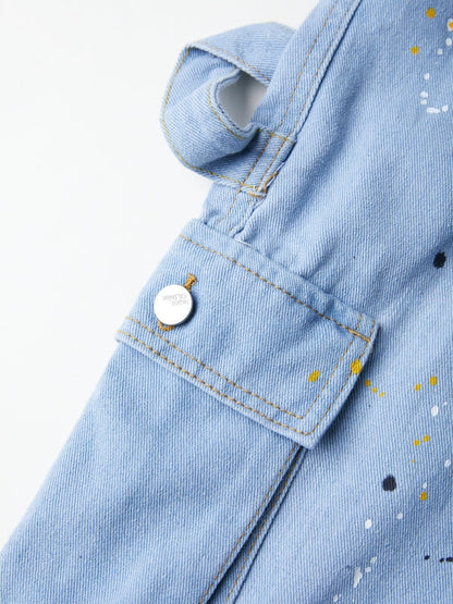 Blauer Vintage Overall mit Großen Taschen und Splash Ink Print
