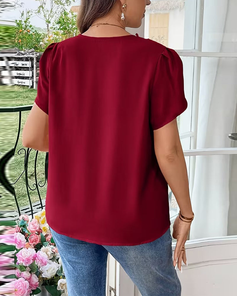 Bluse V-Ausschnitt Unifarben Puffärmel