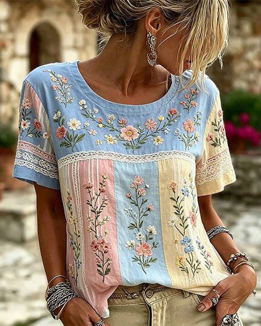 Bluse Rundhals Patchwork Blumen