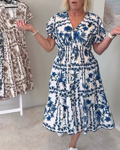 Kleid V-Ausschnitt bedruckt taillierend