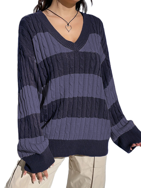 V Neck Loose Contrast Stripes Casual Sweaters/V-Ausschnitt Lose Kontraststreifen Freizeitpullover