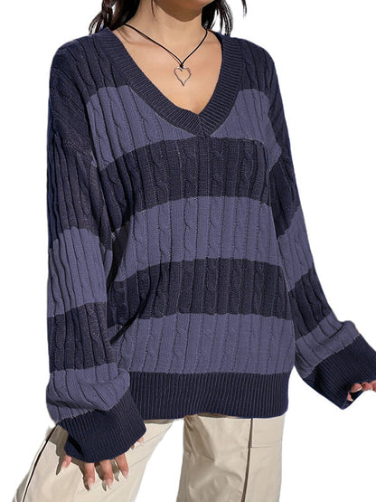 V Neck Loose Contrast Stripes Casual Sweaters/V-Ausschnitt Lose Kontraststreifen Freizeitpullover