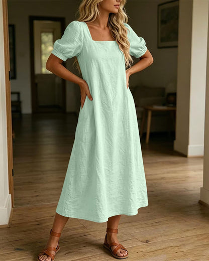 Kleid Quadratischer Ausschnitt Puffärmel Tasche