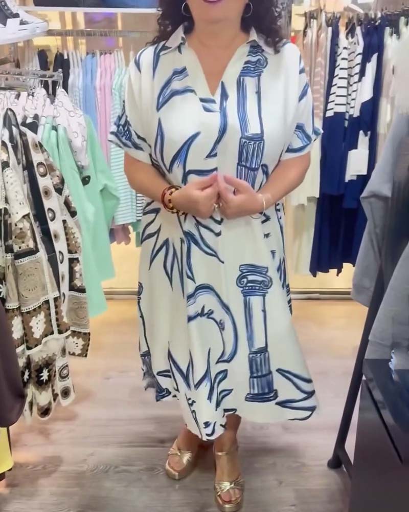 Kleid Revers Bedruckt Locker Lässig