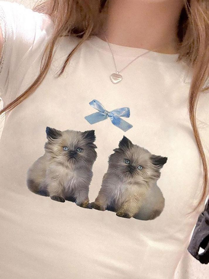 Weißes Y2K Katzen Schleifen Druck Crop Top