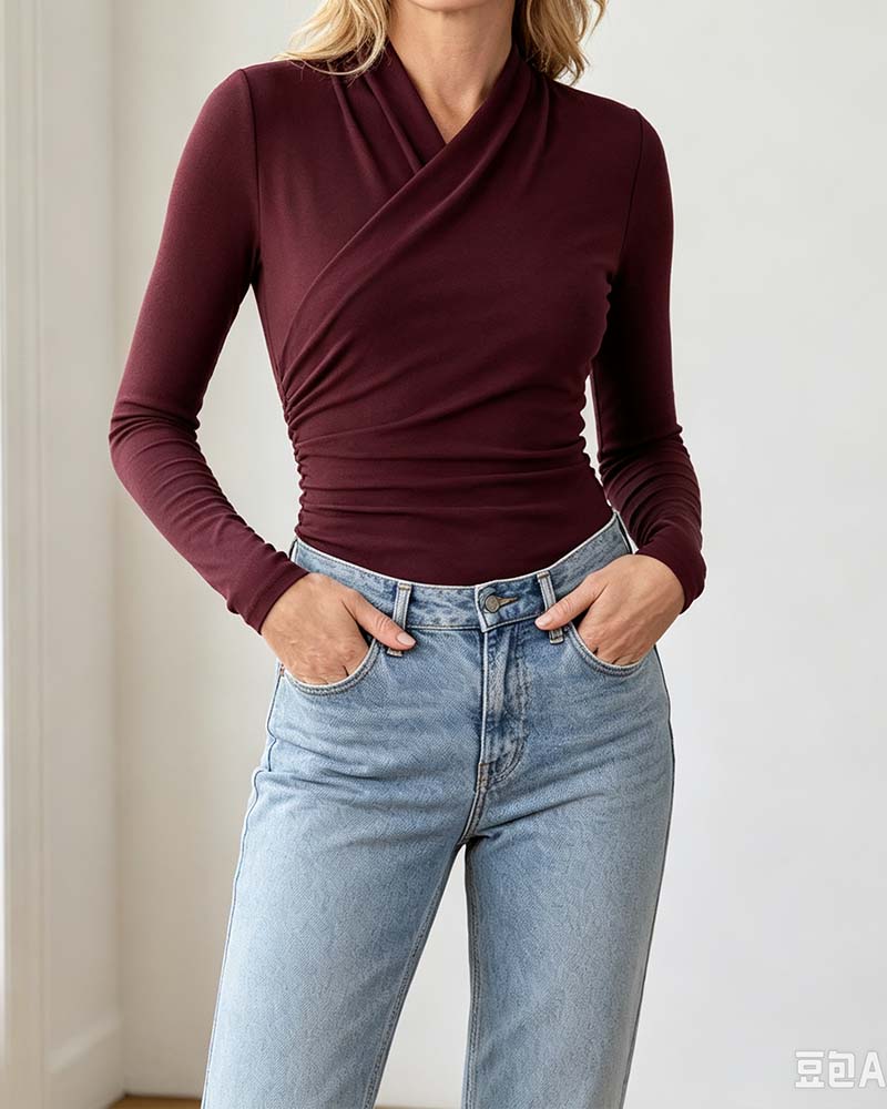 Top Kreuz V-Ausschnitt Plissierte Taille Langarm